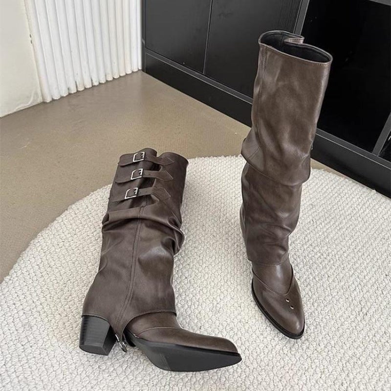 Z Boots Women'S Shoes Brown Western Denim Boots Pleated Heap Long Barrel Knight Boots Women Pointed Trousers Boots Women High Barrel - Image 1