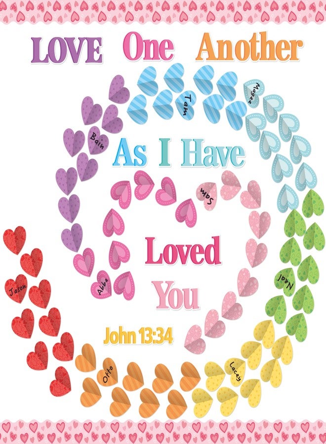 BeYumi Valentine Heart Bulletin Board - 121Pcs Valentine's Day Pastel Love Heart Christian Bulletin Border Rainbow Bible Verse Cutout Scalloped Border Trim Sunday School Church Chalkboard Decoration - Image 1