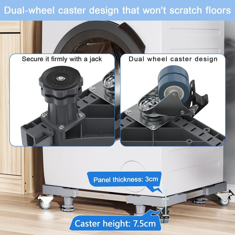 Grpoche Washing Machine Base with 4 Feet and 8 Lockable Wheels, Movable Washing Machine Base Pedestals & Frame for Washing Machine, Dryer, Fridge (Grey, Adjustable: 45.5-70 cm) - Image 3