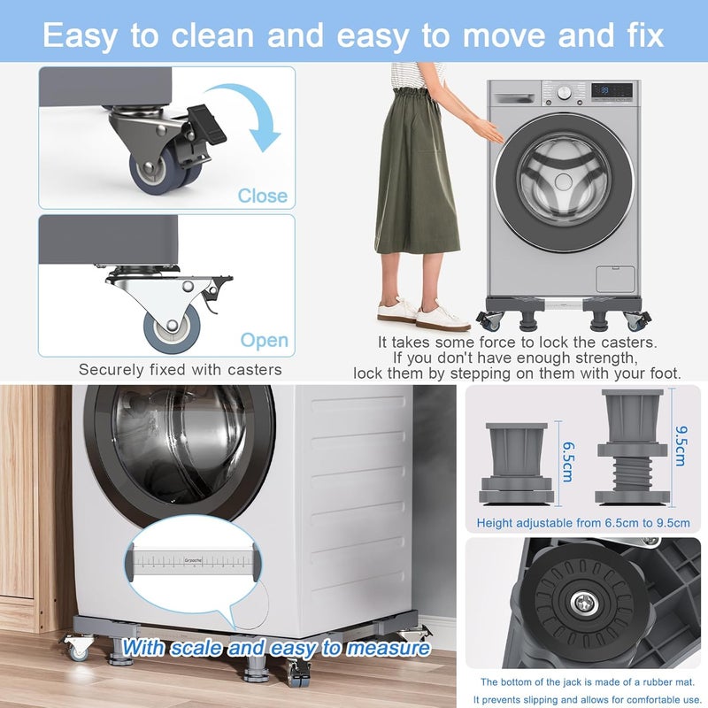 Grpoche Washing Machine Base with 4 Feet and 8 Lockable Wheels, Movable Washing Machine Base Pedestals & Frame for Washing Machine, Dryer, Fridge (Grey, Adjustable: 45.5-70 cm) - Image 5