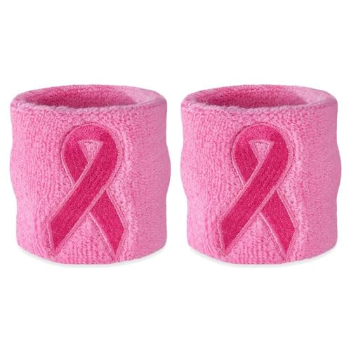 Suddora Pink Ribbon Wristbands - Breast Cancer Awareness Sweatband Pairs (Pink) - Image 1