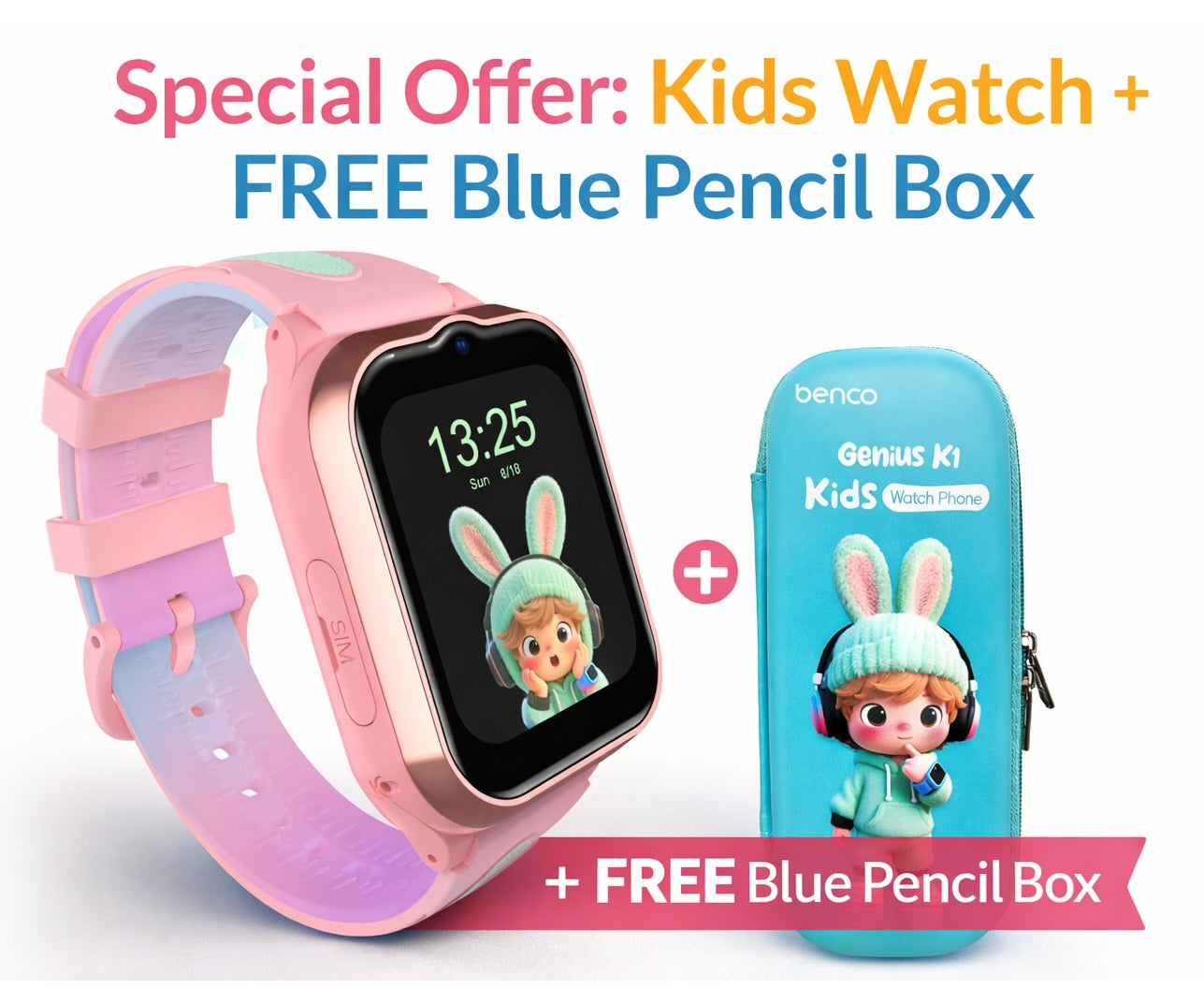 4G Kids Smartwatch with GPS Tracking, Video Calling & SOS Button, IP67 Water-Resistant, Benco Genius K1 1.7″ Display – Pink + Free Pencil Box