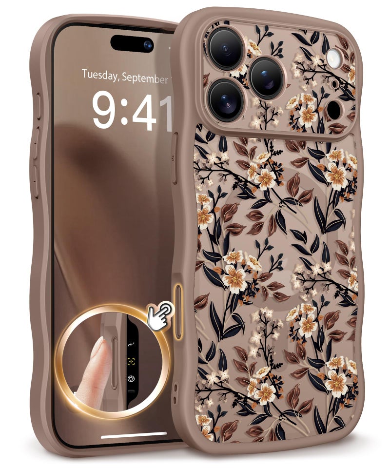GVIEWIN for iPhone 17 Pro Max Case Compatible with MagSafe [Curly Wave Edge][Full Camera Protection] Floral Translucent Shockproof Magnetic Women Phone Case for 17 Pro Max, Bunchflower/Brown - Image 1