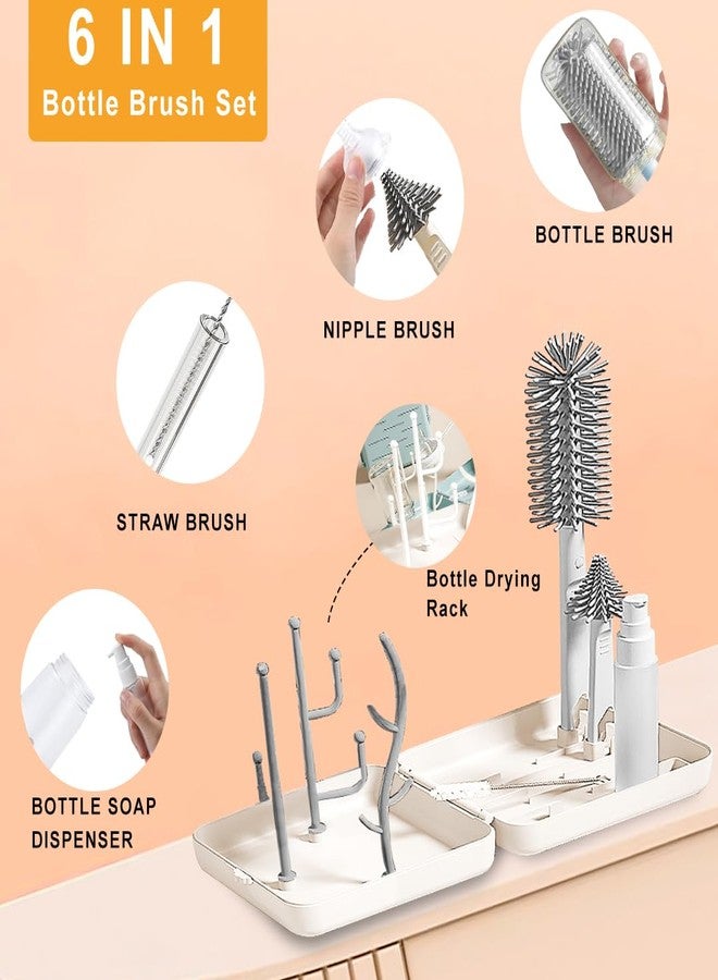 Tony Stark 6-in-1 Baby Bottle Cleaning Brush Set - Includes Silicone Bottle Brush, Nipple Cleaner, Straw Brush, Soap Dispenser, Storage Box, Bottle Drying Rack | Silicone Bristles (Plain Box - White) - Image 3