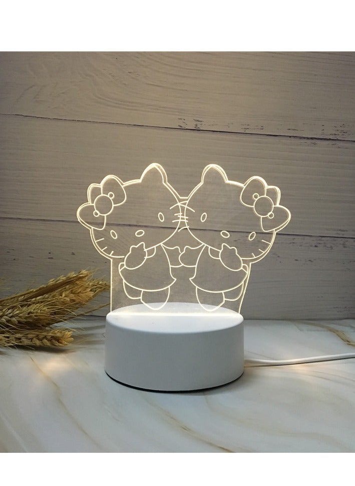 3D Acrylic USB LED Night Light with Cute Twin Cat Design – Portable, Rechargeable Desk Lamp for Kids and Adults – Compatible with Power Bank, Computer, and USB Charger 