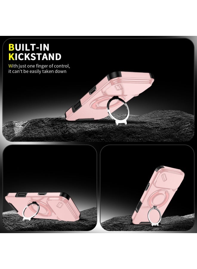 جراب كاميرا منزلق لهاتف iPhone 17 Pro Max، ناعم الملمس، MagSafe مغناطيسي، درجة عسكرية، أربع وسائد هوائية لحماية محسنة من الصدمات في الزوايا، حامل حلقي يدور 360 درجة، كمبيوتر صلب مقاوم للخدش، وردي، قطعة واحدة. - Image 4