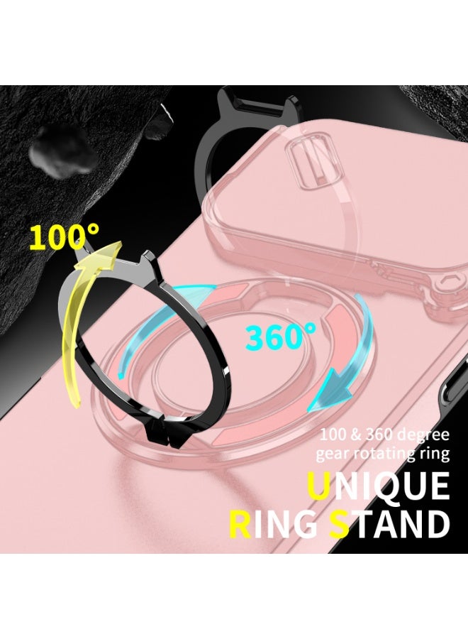 جراب كاميرا منزلق لهاتف iPhone 17 Pro Max، ناعم الملمس، MagSafe مغناطيسي، درجة عسكرية، أربع وسائد هوائية لحماية محسنة من الصدمات في الزوايا، حامل حلقي يدور 360 درجة، كمبيوتر صلب مقاوم للخدش، وردي، قطعة واحدة. - Image 3