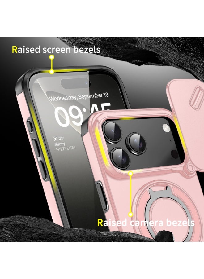 جراب كاميرا منزلق لهاتف iPhone 17 Pro Max، ناعم الملمس، MagSafe مغناطيسي، درجة عسكرية، أربع وسائد هوائية لحماية محسنة من الصدمات في الزوايا، حامل حلقي يدور 360 درجة، كمبيوتر صلب مقاوم للخدش، وردي، قطعة واحدة. - Image 5