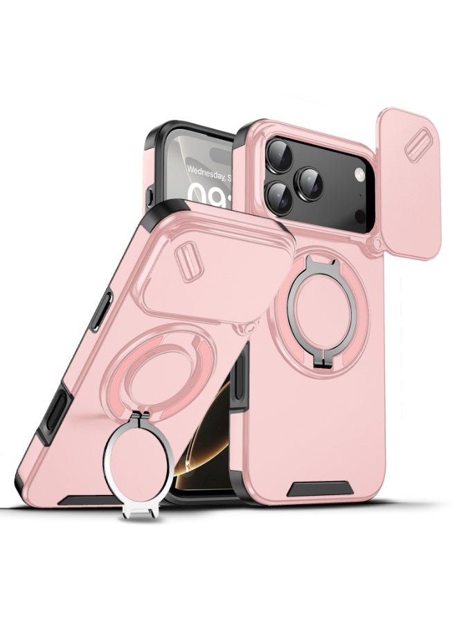 جراب كاميرا منزلق لهاتف iPhone 17 Pro Max، ناعم الملمس، MagSafe مغناطيسي، درجة عسكرية، أربع وسائد هوائية لحماية محسنة من الصدمات في الزوايا، حامل حلقي يدور 360 درجة، كمبيوتر صلب مقاوم للخدش، وردي، قطعة واحدة. - Image 1