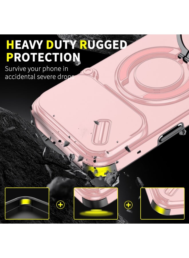 جراب كاميرا منزلق لهاتف iPhone 17 Pro Max، ناعم الملمس، MagSafe مغناطيسي، درجة عسكرية، أربع وسائد هوائية لحماية محسنة من الصدمات في الزوايا، حامل حلقي يدور 360 درجة، كمبيوتر صلب مقاوم للخدش، وردي، قطعة واحدة. - Image 2