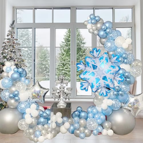 EASUTE 118 Pieces Snowflake Balloon Garland Arch kitSnowflake Balloon with Silver Blue White Latex Balloons set for Winter Wonderland Holiday Christmas Baby Shower Snow Princess Birthday Party Decorations - Image 1