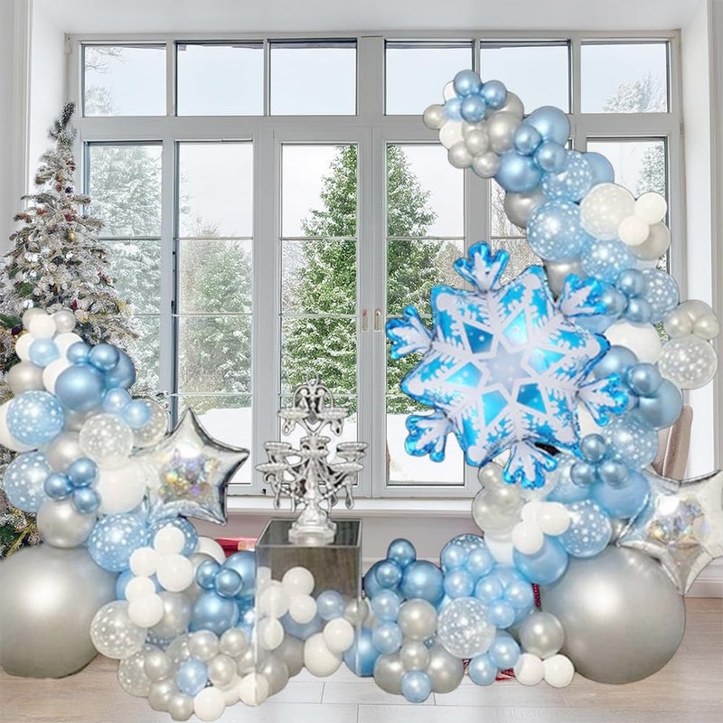 EASUTE 118 Pieces Snowflake Balloon Garland Arch kitSnowflake Balloon with Silver Blue White Latex Balloons set for Winter Wonderland Holiday Christmas Baby Shower Snow Princess Birthday Party Decorations - Image 2
