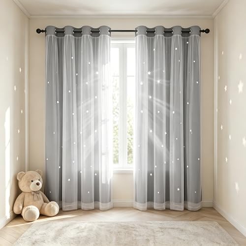 Kinryb Decorative Star Cut-Out Blackout Curtains Thermal Insulated Grommet Double Layer Twinkle Star Curtains for Living Room/Bedroom/Nursery/Classroom 42" W x 72" L Silver Grey 2 Panels - Image 2