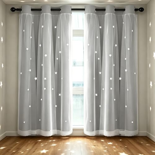 Kinryb Decorative Star Cut-Out Blackout Curtains Thermal Insulated Grommet Double Layer Twinkle Star Curtains for Living Room/Bedroom/Nursery/Classroom 42" W x 72" L Silver Grey 2 Panels - Image 1