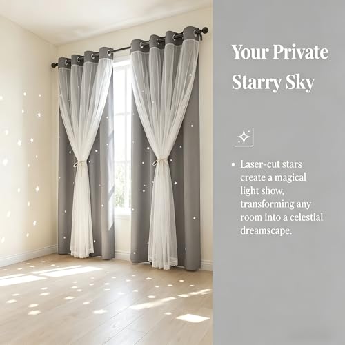 Kinryb Decorative Star Cut-Out Blackout Curtains Thermal Insulated Grommet Double Layer Twinkle Star Curtains for Living Room/Bedroom/Nursery/Classroom 42" W x 72" L Silver Grey 2 Panels - Image 4
