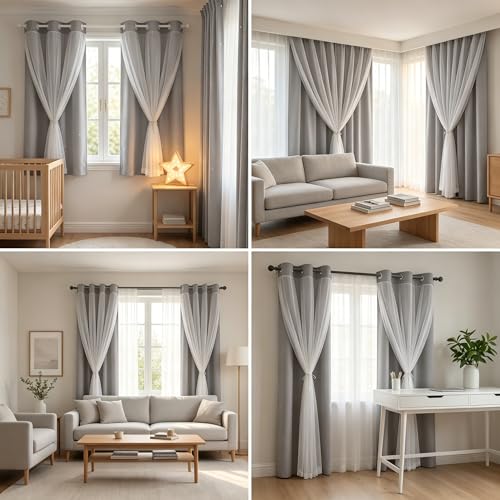 Kinryb Decorative Star Cut-Out Blackout Curtains Thermal Insulated Grommet Double Layer Twinkle Star Curtains for Living Room/Bedroom/Nursery/Classroom 42" W x 72" L Silver Grey 2 Panels - Image 3
