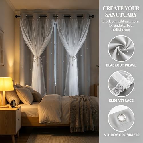 Kinryb Decorative Star Cut-Out Blackout Curtains Thermal Insulated Grommet Double Layer Twinkle Star Curtains for Living Room/Bedroom/Nursery/Classroom 42" W x 72" L Silver Grey 2 Panels - Image 5
