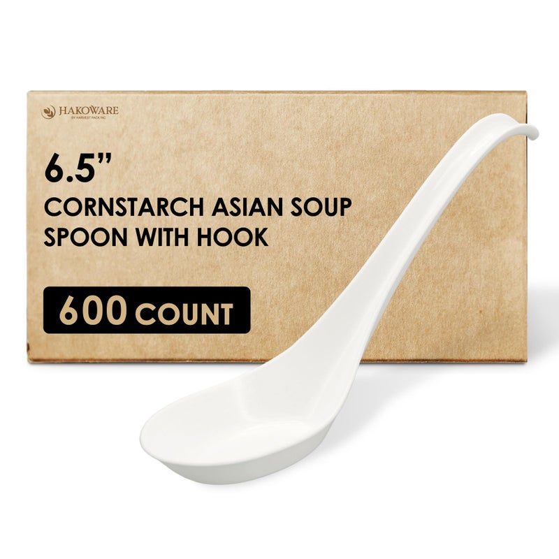 Harvest Pack GOURMET SHOWCASE 600 COUNT HAKOWARE Disposable Large Asian Soup Spoons with Hook made from Crystalized Cornstarch for Takeout Ramen Pho Noodles Disposable Utensils Bulk Size Durable 