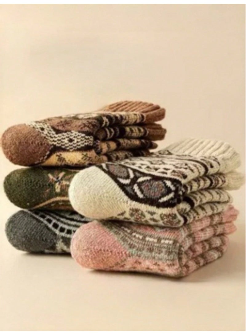 Women’s Winter Socks 5 Pairs Thick Warm Retro Geometric Mid-Calf Socks for Women and Men, Cozy Autumn Winter Everyday Socks, Approx. Size EU 36-40 - Image 3