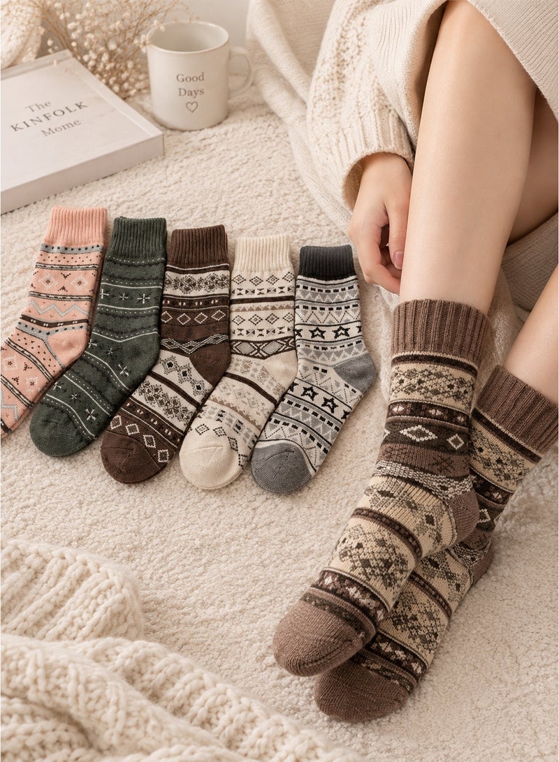 Women’s Winter Socks 5 Pairs Thick Warm Retro Geometric Mid-Calf Socks for Women and Men, Cozy Autumn Winter Everyday Socks, Approx. Size EU 36-40 - Image 1