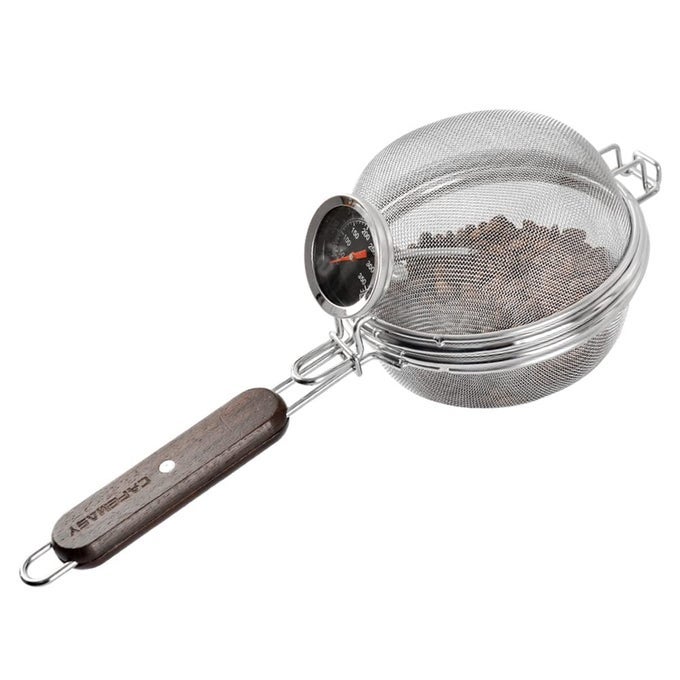 HOME COFFEE BEAN ROASTER TOOL PORTABLE STAINLESS STEEL HANDY COFFEE ROASTER MESH PAN TOOL WITH THERMOMETER FOR HOME OUTDOOR COFFEE BEANS BAKING