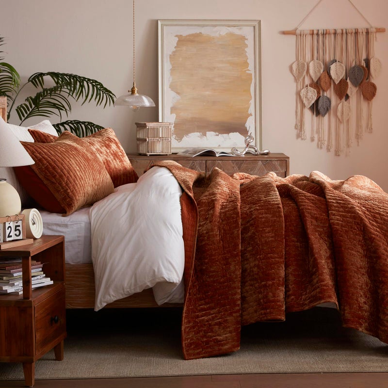 LEAONME Velvet Quilt King Size 98''x106'', Lightweight Burnt Orange Velvet Comforter Set with 2 Matching Shams, Soft Cross Stitch Bedspread Coverlet Bedding Set for All Season - Image 3