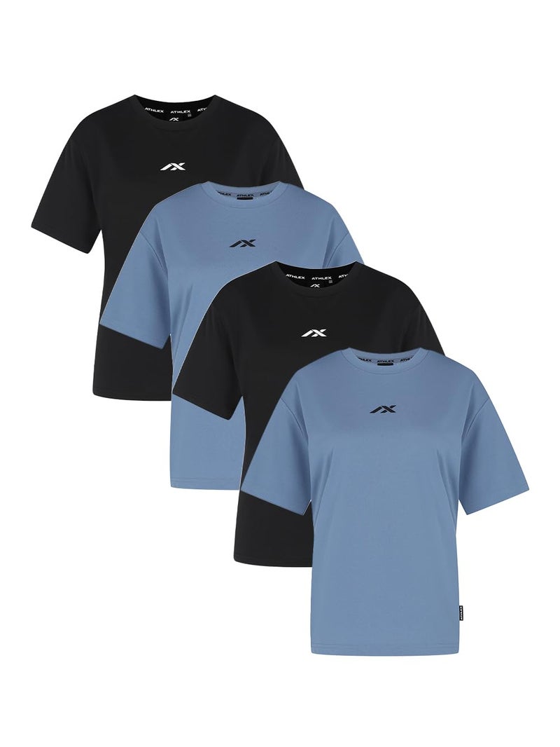 Athlex Women’s Oversized T-Shirt – Loose Fit, Breathable & Soft Casual Tee for All-Day Comfort at Work, Travel, or Leisure (UAE/KSA, Alpha, S, Regular, Regular, Standard, Blue 2 pcs & Black 2 pcs) - Image 1