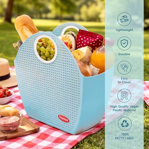 Nayasa Tiffany Plastic Shopping Basket | Multipurpose Basket With Handle | Shopping Basket With Handle | Food Basket for Travelling | Plastic Storage Basket | Shopping Bag | Grocery Bags | Blue - Image 4