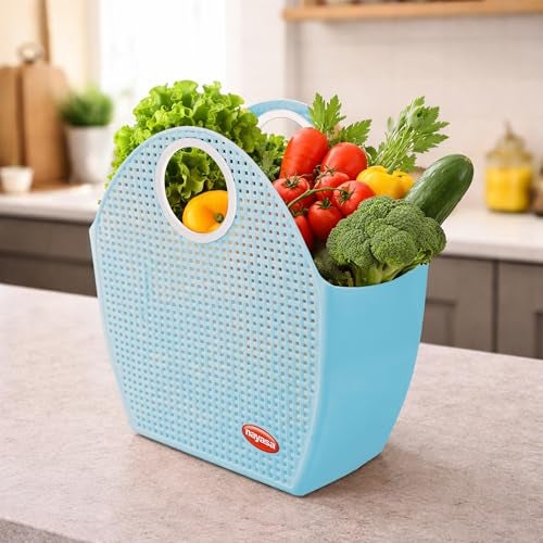 Nayasa Tiffany Plastic Shopping Basket | Multipurpose Basket With Handle | Shopping Basket With Handle | Food Basket for Travelling | Plastic Storage Basket | Shopping Bag | Grocery Bags | Blue - Image 1