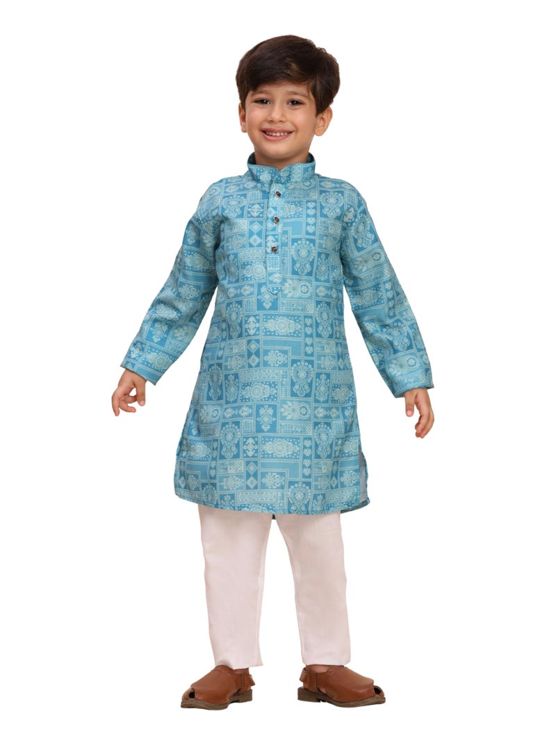 Pro-Ethic Style Developer Boys Heavy Cotton Printed Kurta and Pajama Set For Kid's Ethnic Wear (S-280), 4-5 years, Teal Green - Image 1