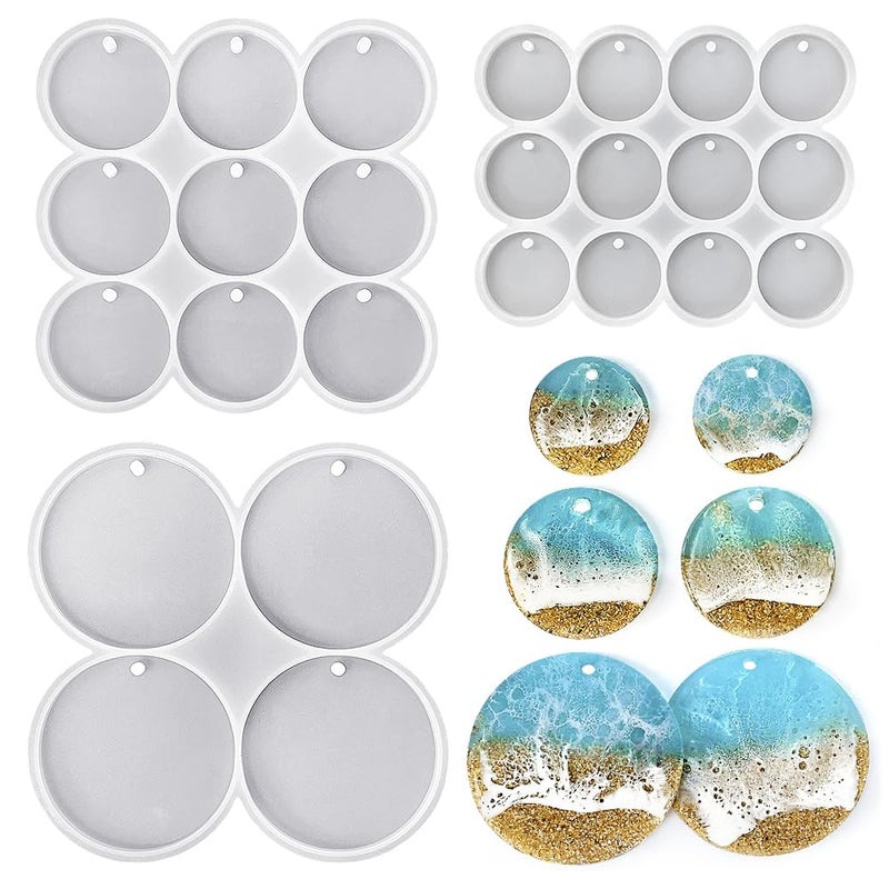 RESINWORLD 25Cavity Set of Large Medium Small Shiny Flat Circle Silicone Mold Drilled Round Earrings Pendant Mold Keychain Pet Tag Resin Mold