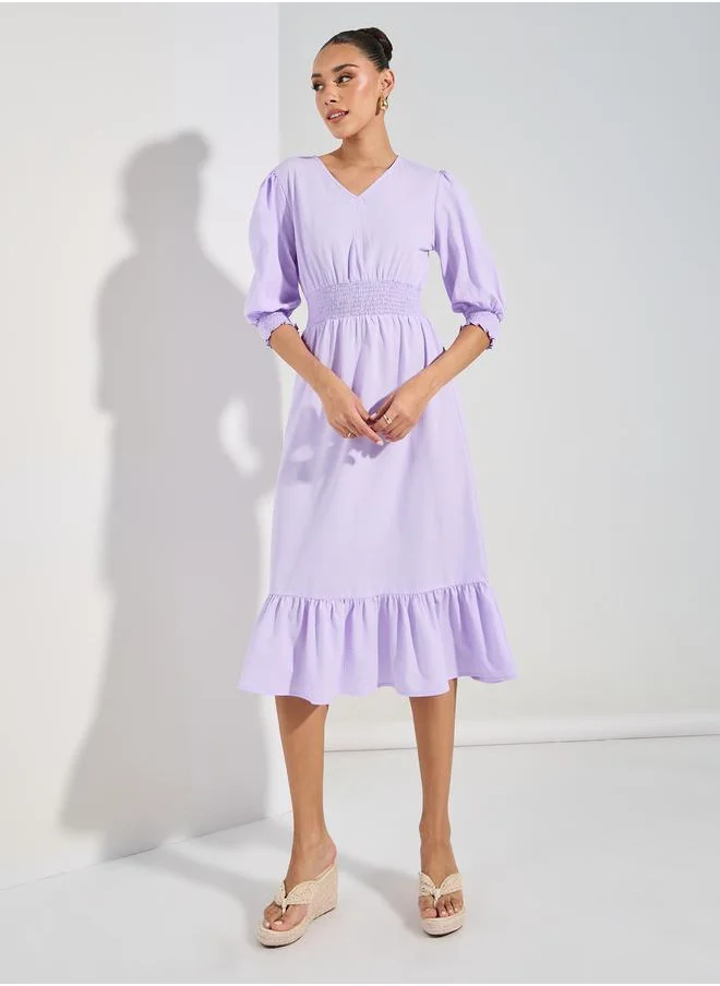 Styli Textured V Neck A-Line Midi Dress