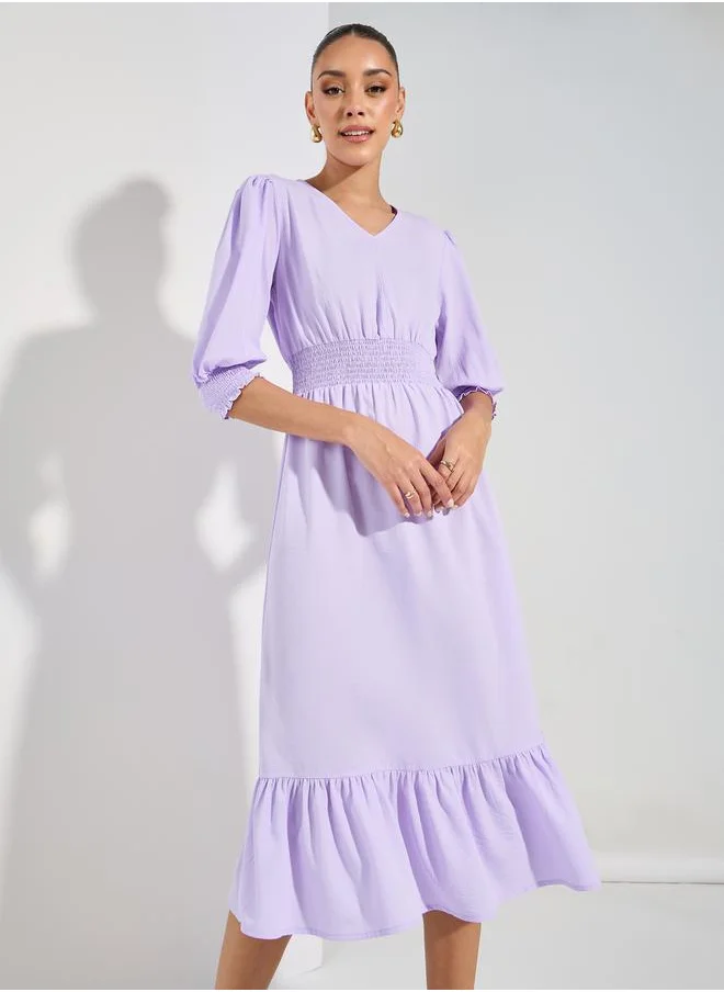 Styli Textured V Neck A-Line Midi Dress