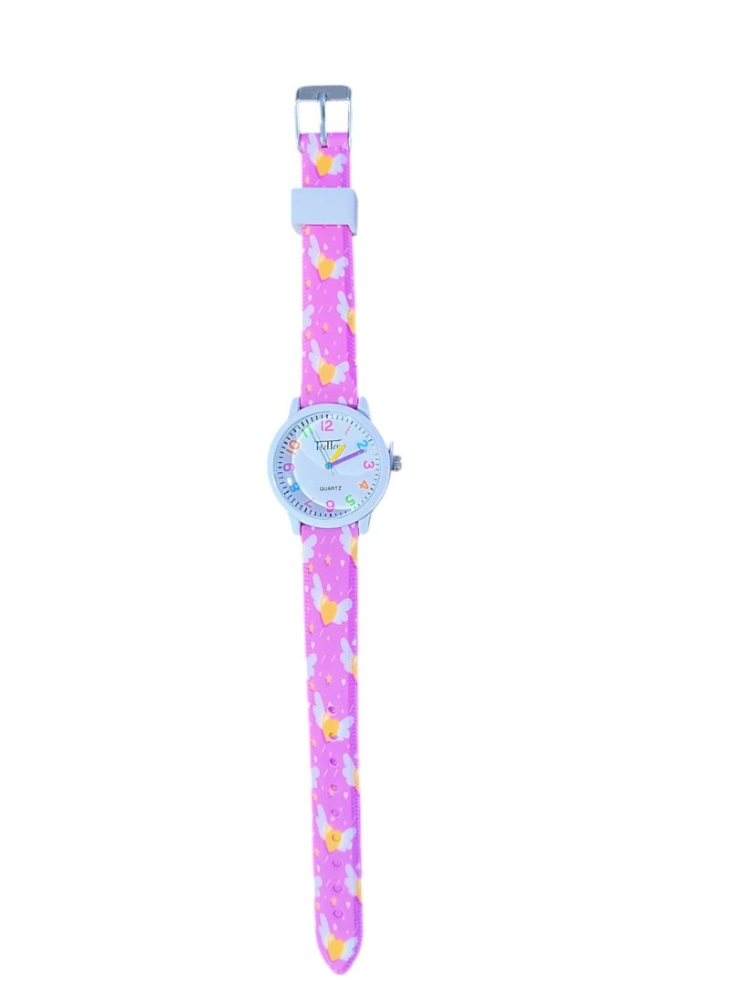 ساعة يد تناظرية للأطفال بحزام زهري وردي وحركة كوارتز