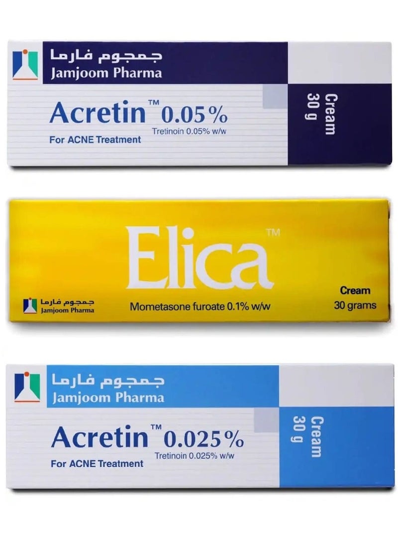 جمجوم فارما - مجموعة العناية بالبشرة أكريتين 0.05٪ كريم لعلاج حب الشباب 30 جم + اليكا كريم لعلاج الالتهابات الجلدية 30 جرام + اكرتين كريم 0.025 % حجم 30 جم - Image 1