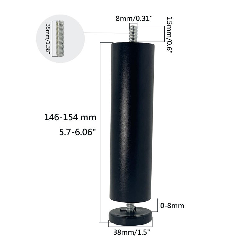 Yuqim 4 Pack Adjustable Furniture Legs Replacement M8 Thread Metal Furniture Legs 6 Inch Couch Legs Replacement Legs For Bed, Sofa, Cabinet(Black, 5.7-6.06 Inch) - Image 2