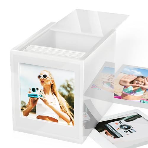 WINKINE Acrylic Polaroid Photo Storage Box for Polaroid i-Type/600/SX-70 Film, 4.2''x3.5'' Frame Box with Sliding Lid, Wedding Guest Book Alternative, Instax Photo Frame, White, 1 Pack - Image 1
