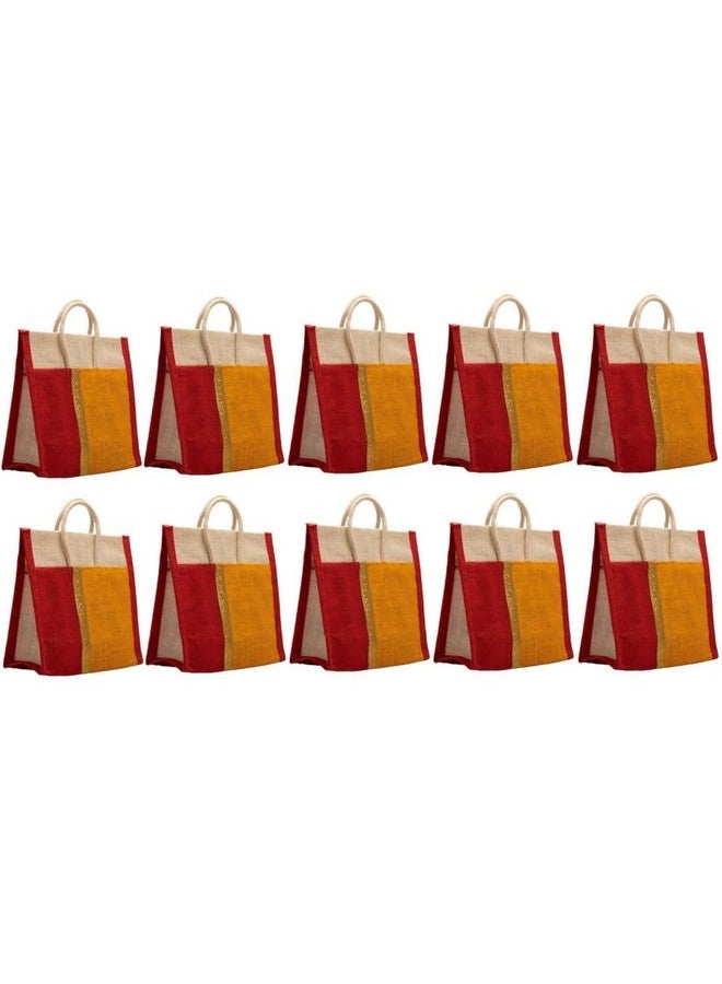 Soman Jute Thamboolam Bags for return gifts Golden Yellow and Red combo - Set of 10 - Image 1