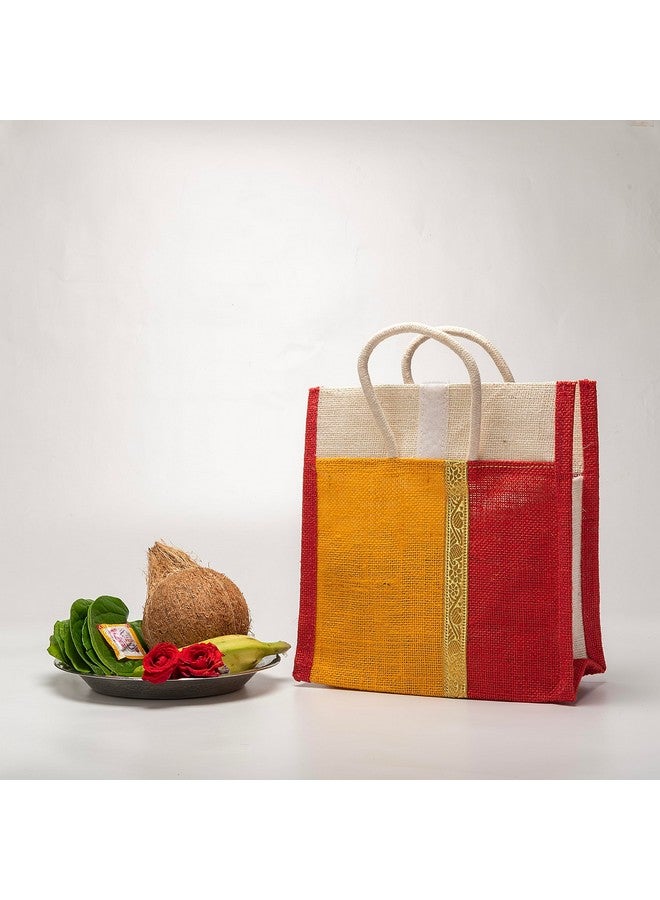 Soman Jute Thamboolam Bags for return gifts Golden Yellow and Red combo - Set of 10 - Image 2