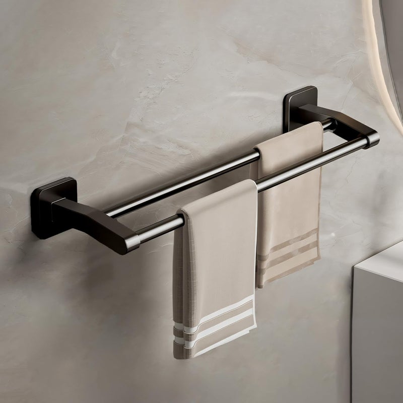 MIORAH Self Adhesive Double Towel Rod for Bathroom – 24 Inch Aluminum Wall Mounted Towel Hanger | 2-Bar Rustproof Towel Rack for Wall, Space-Saving Bathroom Accessories - Image 1