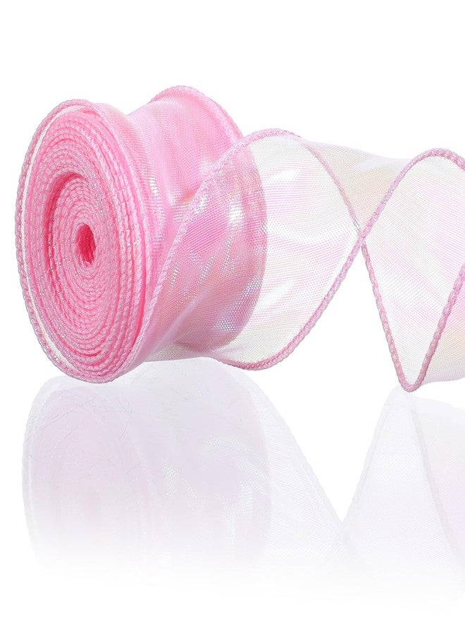 Bruislard Pink Organza Ribbon 1-1/2 Inch x 10 Yard Iridescent Organza Ribbon Sheer Wired Shimmer Chiffon Ribbons Silk Chiffon Mesh Yarn Ribbons Sparkly Fishtail Yarn Gift Ribbonss for Gift Wrapping - Image 1