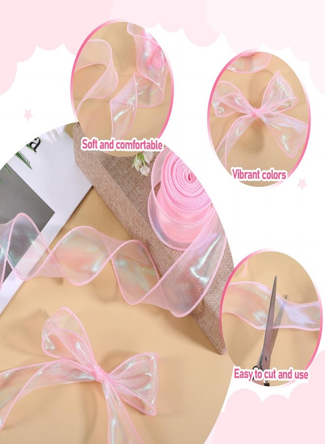 Bruislard Pink Organza Ribbon 1-1/2 Inch x 10 Yard Iridescent Organza Ribbon Sheer Wired Shimmer Chiffon Ribbons Silk Chiffon Mesh Yarn Ribbons Sparkly Fishtail Yarn Gift Ribbonss for Gift Wrapping - Image 5
