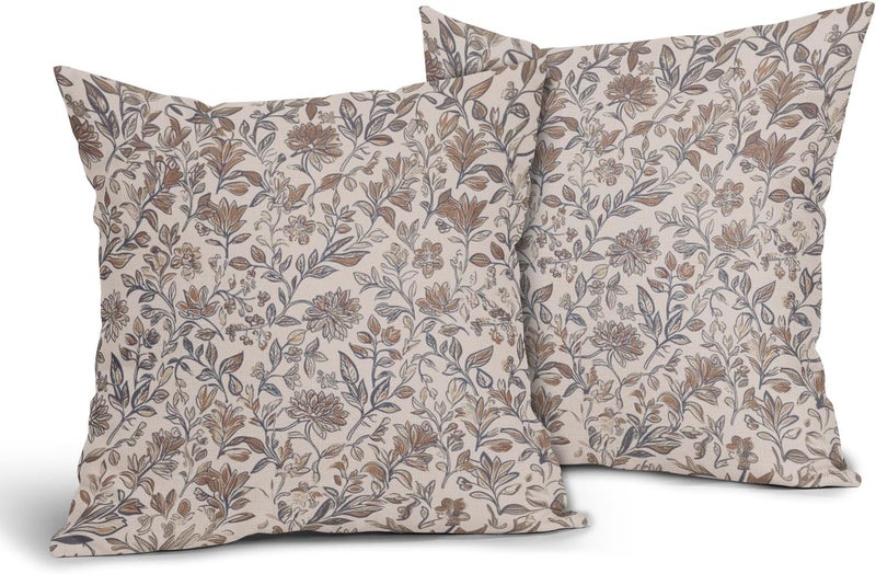 Vintage Pillow Covers 20x20 Inch 2-Piece Brown Neutral Style - Traditional Block Print Design Square Pillow Covers for Home Couch Decor - Image 2