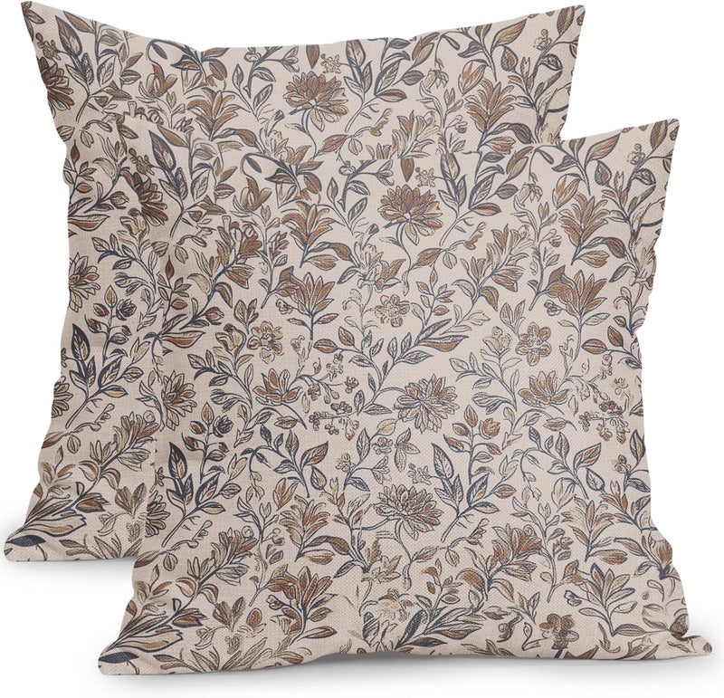 Vintage Pillow Covers 20x20 Inch 2-Piece Brown Neutral Style - Traditional Block Print Design Square Pillow Covers for Home Couch Decor - Image 1