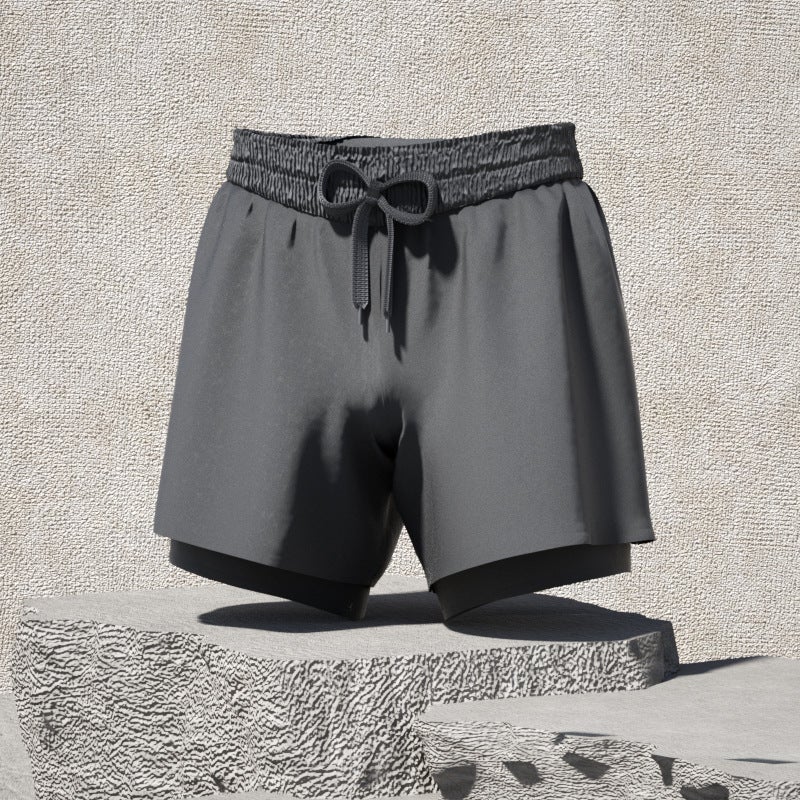 Generic Mens double-layer swimming trunks boxer adult quick-drying anti-embarrassment swimming trunks beach pants hot spring swimming equipment set Silver gray three-piece set  - Image 4