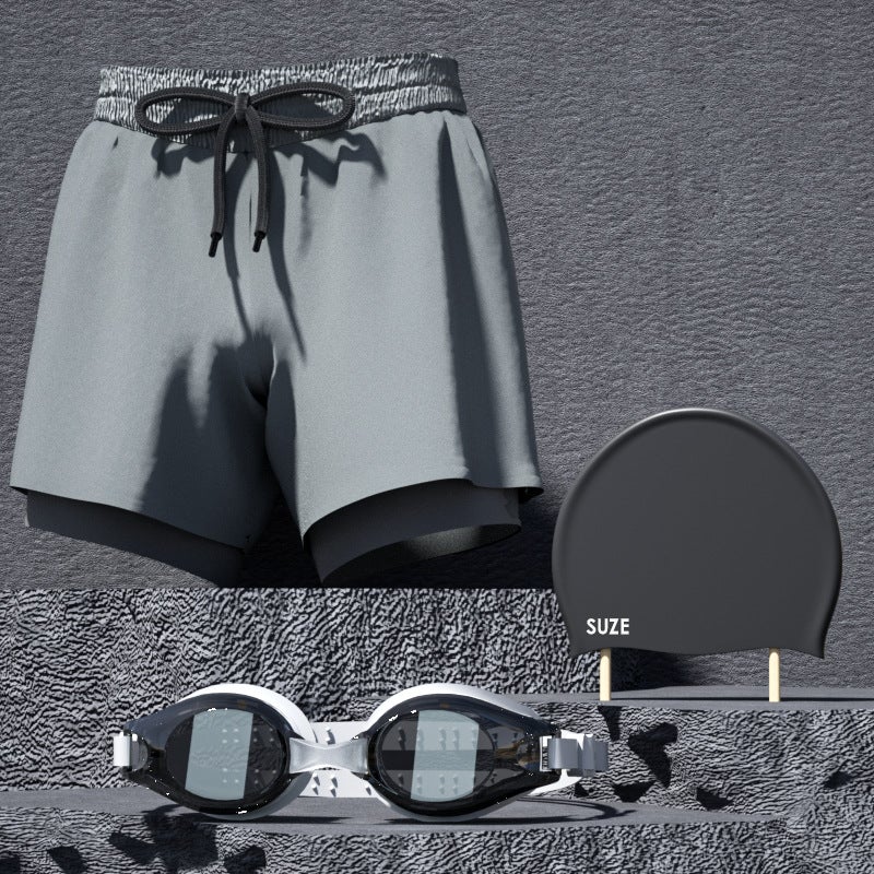Generic Mens double-layer swimming trunks boxer adult quick-drying anti-embarrassment swimming trunks beach pants hot spring swimming equipment set Silver gray three-piece set  - Image 1
