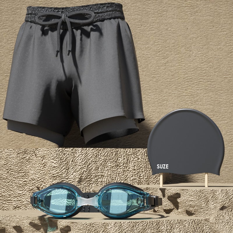 Generic Mens double-layer swimming trunks boxer adult quick-drying anti-embarrassment swimming trunks beach pants hot spring swimming equipment set Silver gray three-piece set  - Image 5