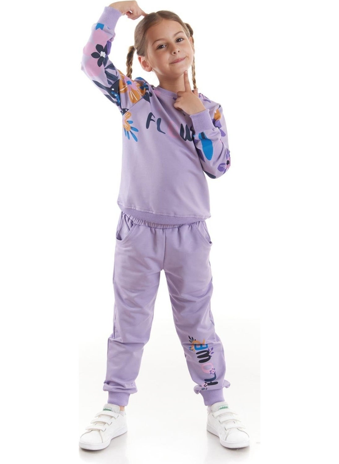 Ahengim - Girls Tracksuit Flower Printed Bottom Top Two Piece Set Cotton Seasonal AK2505 - Image 1