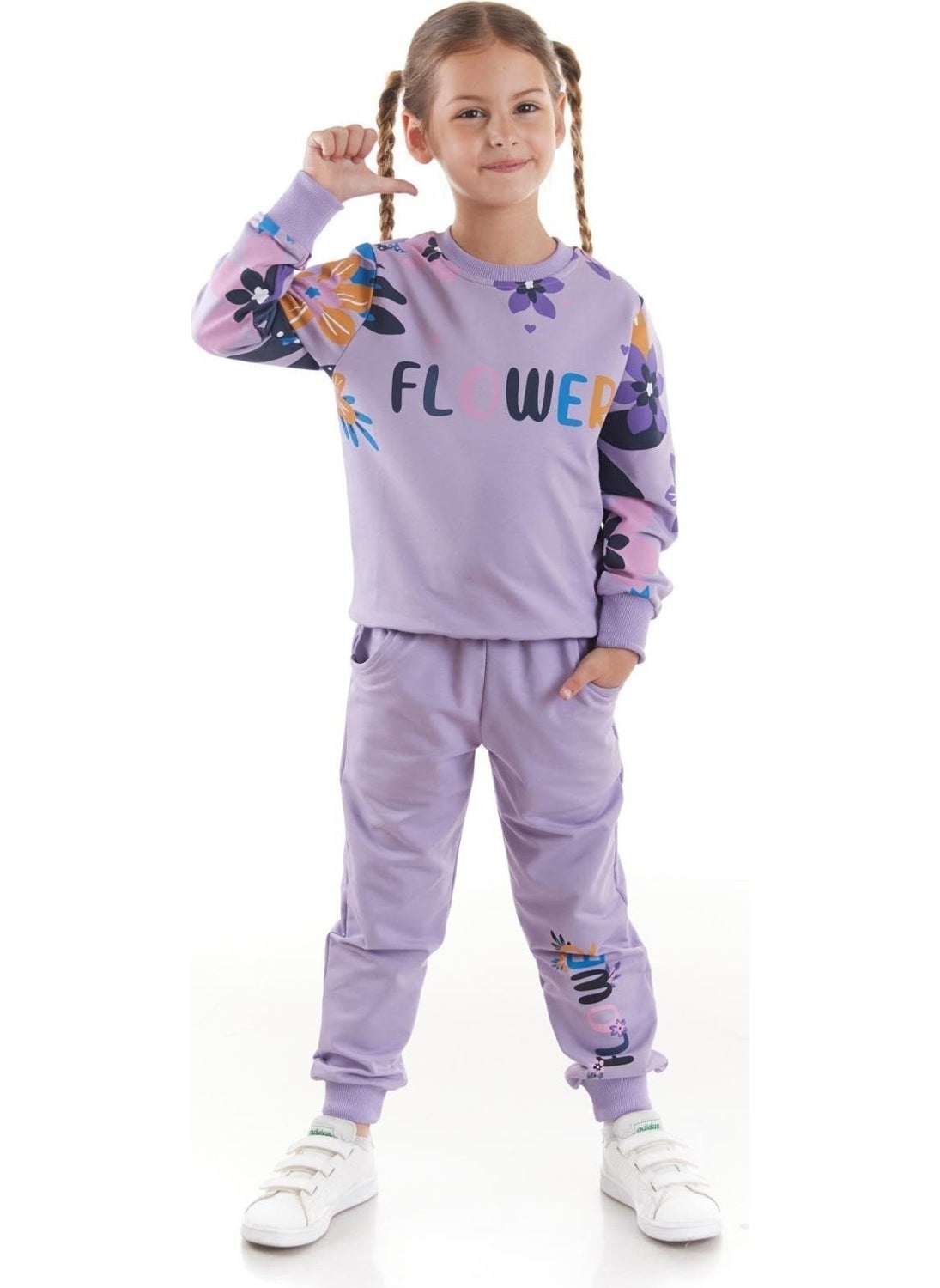 Ahengim - Girls Tracksuit Flower Printed Bottom Top Two Piece Set Cotton Seasonal AK2505 - Image 1