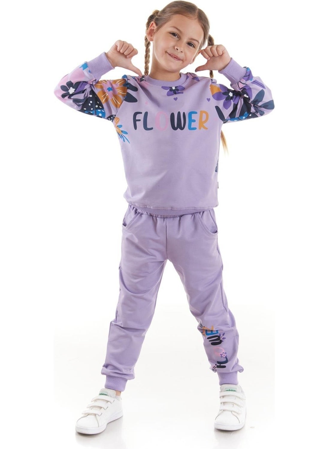 Ahengim - Girls Tracksuit Flower Printed Bottom Top Two Piece Set Cotton Seasonal AK2505 - Image 1